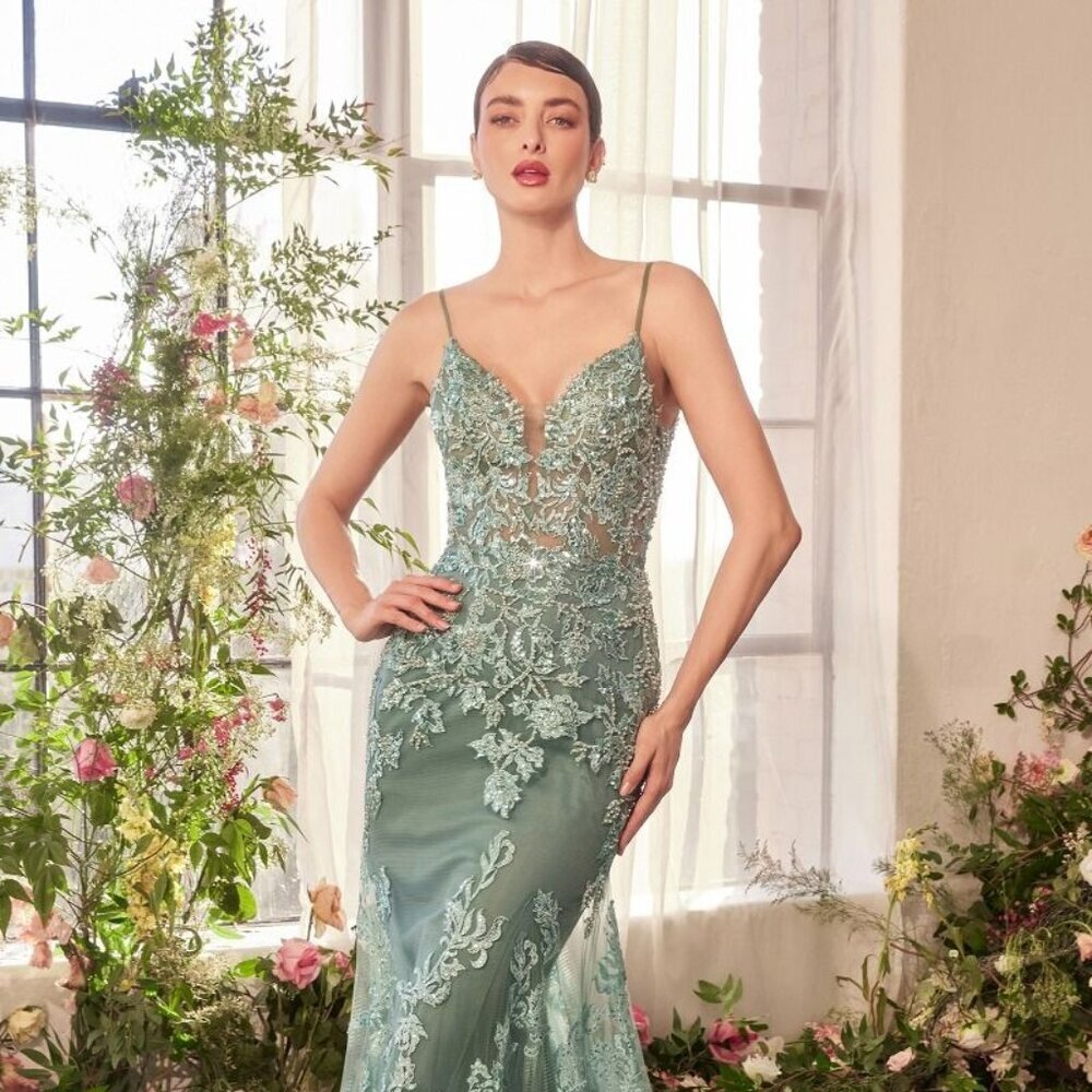 NEW FORMAL LONG SLEEVELESS LACE EMBELLISHED MERMAID GOWN W/ SEMI-TRAIN CD A1421